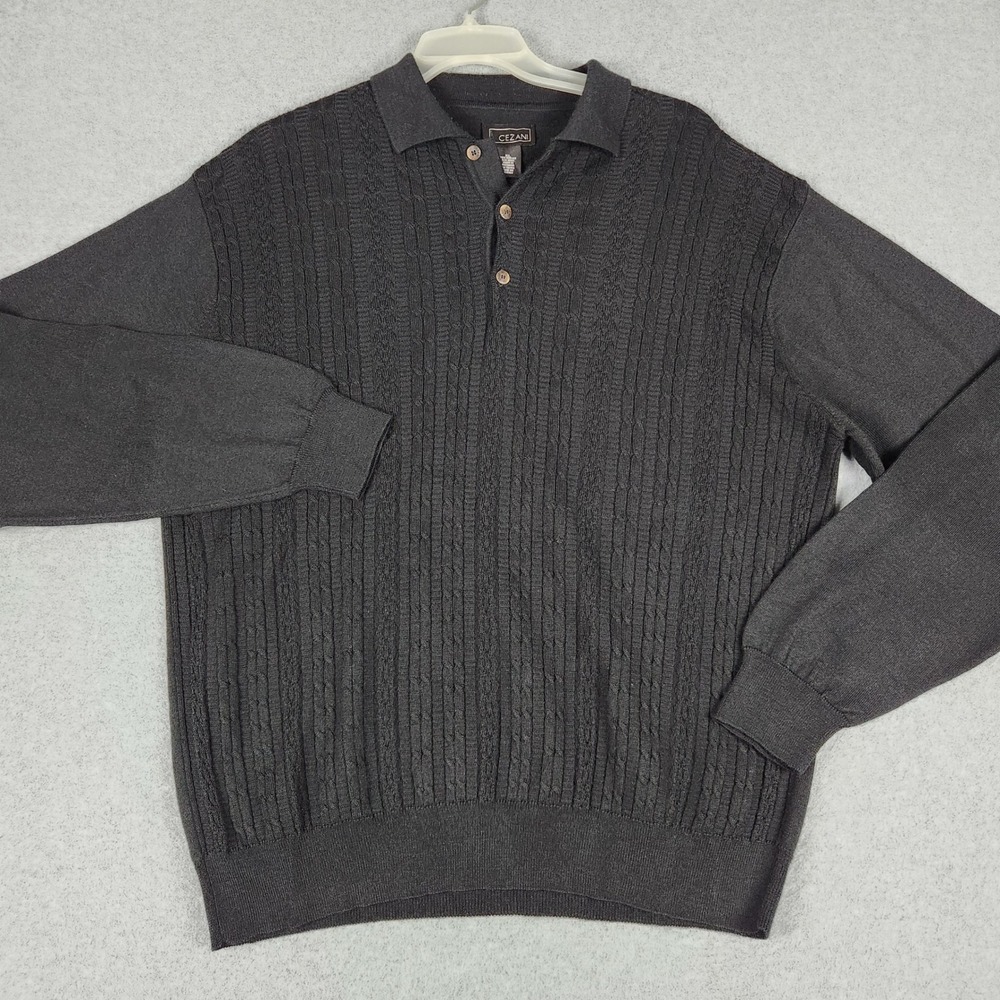 Cezani‎ Polo Sweater Men's XL Black Wool Blend Vertical Cable Knit Long Sleeve